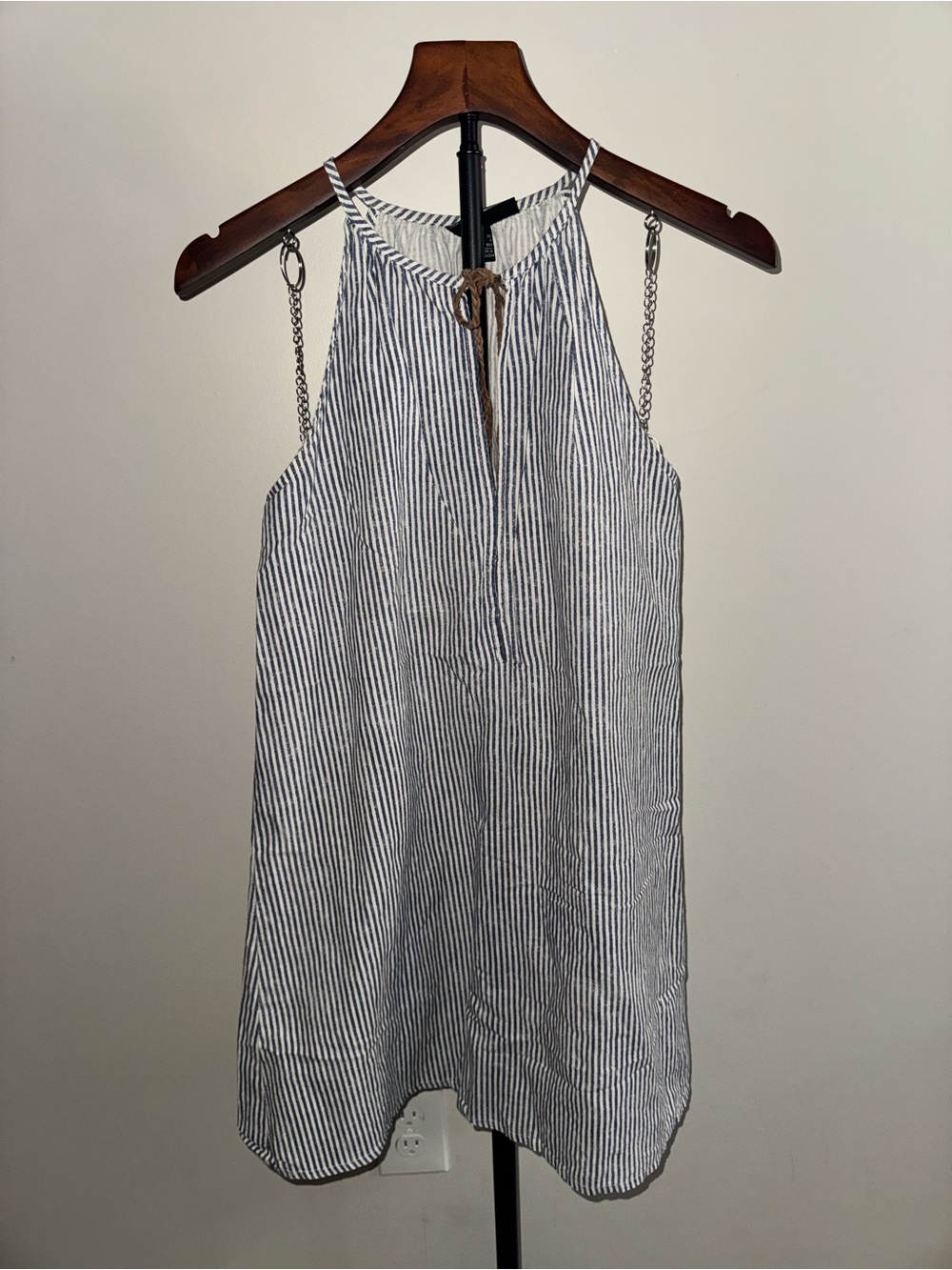 Mango Blue White Striped High Neck Shift Dress XS Chain Tie Sleeveless Short